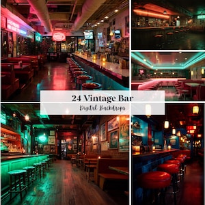 May include: A collage of vintage bar scenes with neon lights, red bar stools, and wooden interiors. The image includes the text "24 Vintage Bar Digital Backdrops."