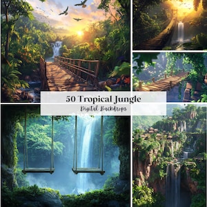 Op de afbeelding: Een verzameling digitale achtergronden met tropische junglescènes. De afbeeldingen tonen watervallen, houten bruggen en weelderig groen. De tekst "50 Tropical Jungle Digital Backdrops" staat in het midden van de afbeelding.