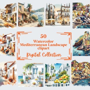 50 Clipart di paesaggi mediterranei ad acquerello, perfetti per album di ritagli, diari, pianificatori, artigianato, download istantaneo (PNG, WEBP), uso commerciale