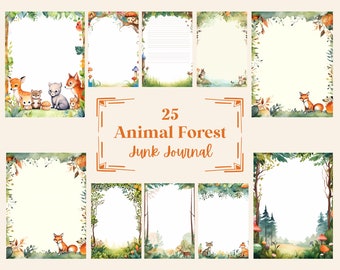 25 Animal Forest Junk Journal Pages, Printable Collage Sheet, Digital Scrapbook Paper, Instant Download (JPG, PNG), With Commercial Use