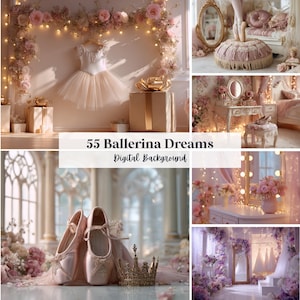 Könnte beinhalten: Eine Collage von Bildern mit Ballerina-Thema. Die Bilder zeigen einen Balletttutu, Spitzenschuhe, eine Krone und dekorative Elemente wie Blumen und Lichterketten. Der Text auf dem Bild lautet "55 Ballerina Dreams Digital Background."