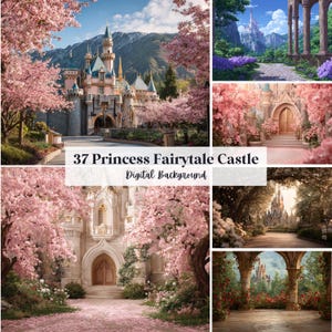 Op de afbeelding: Een verzameling digitale achtergronden met sprookjeskastelen. De afbeeldingen tonen verschillende kasteelontwerpen omringd door bloeiende roze bomen en weelderig groen. Tekst op de afbeelding luidt "37 Princess Fairytale Castle Digital Background."