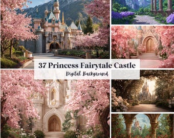Può includere: Una raccolta di sfondi digitali con castelli delle fiabe. Le immagini mostrano vari disegni di castelli circondati da alberi rosa in fiore e vegetazione lussureggiante. Il testo sull'immagine recita "37 Princess Fairytale Castle Digital Background."