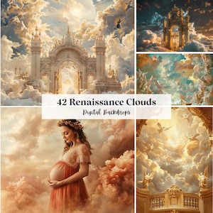 May include: A collection of digital backdrops featuring Renaissance-style clouds and architecture. The images showcase a variety of scenes, including a pregnant person in a flowing gown, and ornate buildings set against a backdrop of fluffy clouds.