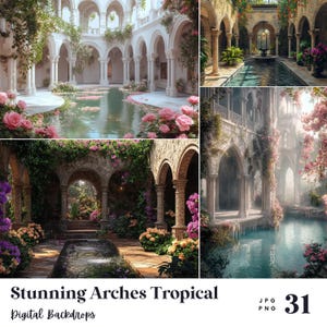 May include: A digital backdrop featuring stunning tropical arches. The image showcases a serene courtyard with archways, a reflecting pool, and lush pink flowers. The text "Stunning Arches Tropical" and "Digital Backdrops" is visible.