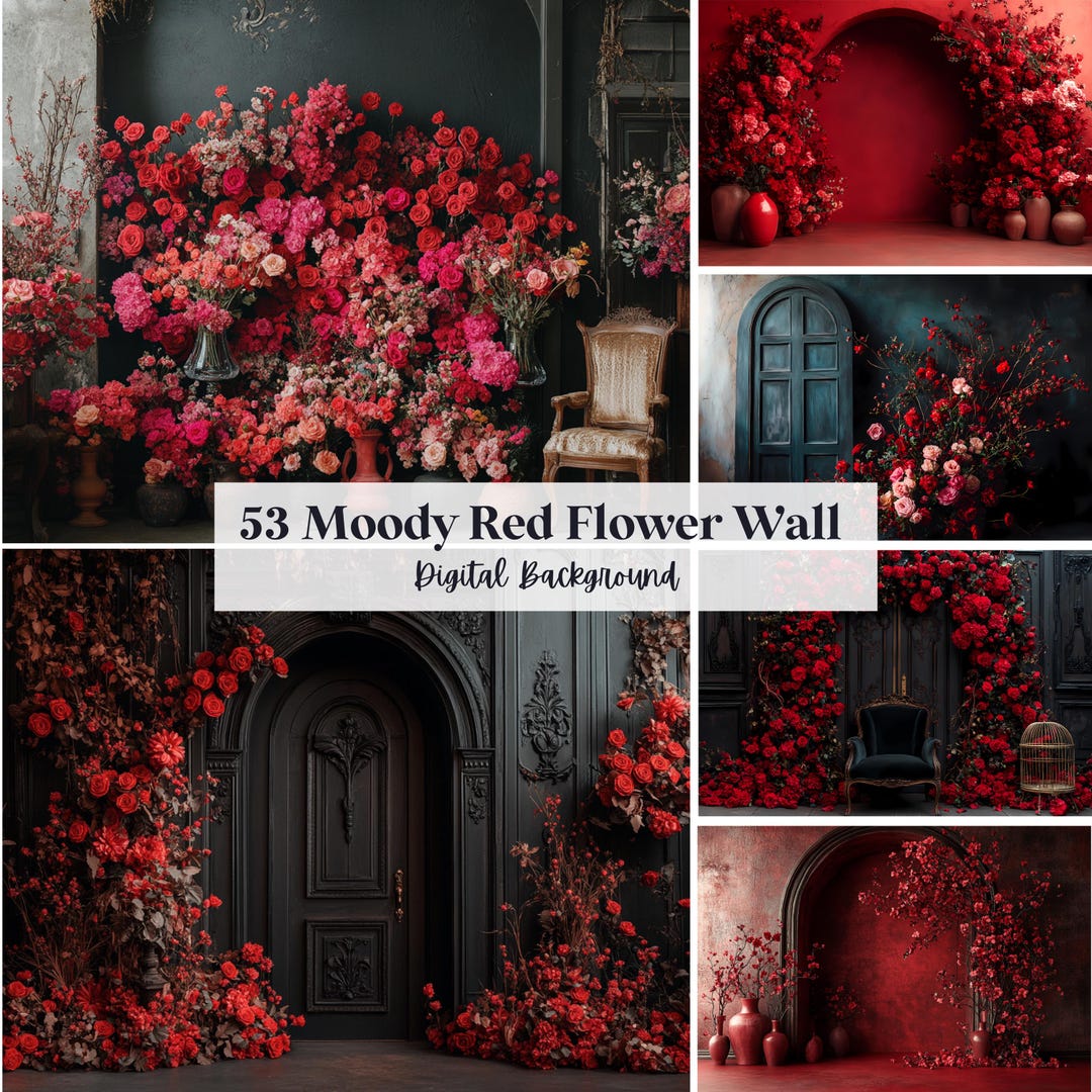 53 Moody Red Flower Wall Digital Backdrops, Perfect for Wedding ...