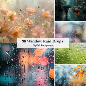 38 fondos digitales con efecto de gotas de lluvia en ventanas, perfectos para bodas, cumpleaños, ocasiones especiales, maternidad y como fondo (formato JPG, PNG).