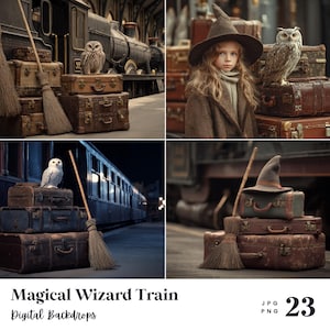 May include: A collage of images featuring a wizarding theme. Suitcases, owls, a broom, and a wizard's hat are arranged near a train. The text "Magical Wizard Train Digital Backdrops" is at the bottom.