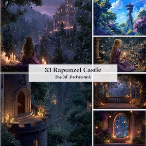 May include: Digital background showing a fairytale castle lit up at night, set in a dense forest. A woman in a purple dress sits near candles, looking at the castle. The text "33 Rapunzel Castle Digital Background" is displayed.
