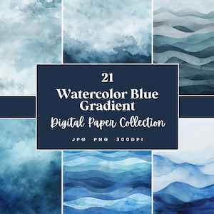 21 Papel digital com fundo gradiente azul aquarela, perfeito para fundos de texturas, download instantâneo (JPG, PNG), com uso comercial