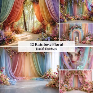 May include: A collection of digital backdrops featuring rainbow-colored floral designs. The images showcase draped fabrics in various colors, including red, orange, yellow, green, blue, and purple, adorned with floral arrangements. The text "32 Rainbow Floral Digital Backdrops" is displayed.
