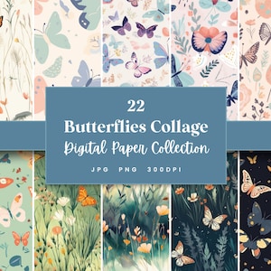 22 Butterflies Floral Collage Digital Paper, Butterflies Textures & Backgrounds, Instant Download (JPG, PNG), With Commercial Use