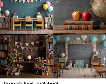 May include: A collage of vintage-themed backdrops for digital photography. Scenes include classrooms with desks, books, globes, and balloons. One scene features a chalkboard, apples, and a globe. The text "Vintage Back to School Digital Backdrops" is at the bottom.