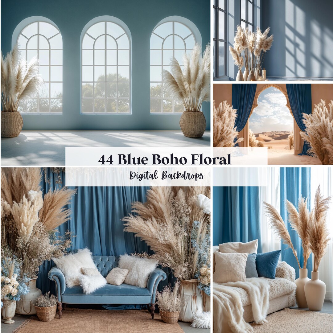44 Blue Boho Floral Digital Backdrops, Perfect for Wedding, Birthday ...