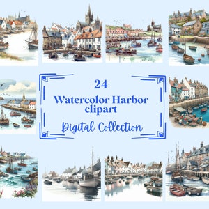 24 illustrazioni clipart Harbour ad acquerello, perfette per album di ritagli, diari, pianificatori, artigianato, download istantaneo (PNG, WEBP), uso commerciale