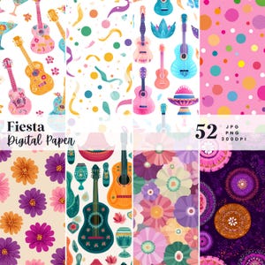 May include: A digital paper pack with a fiesta theme. The image features various patterns, including guitars, confetti, sombreros, flowers, and polka dots. The text "Fiesta Digital Paper" is displayed, along with the number "52" and file type information.