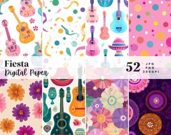 52 Fiesta Digital Paper, Seamless, Perfect for Textures Backgrounds & Patterns, Instant Download (JPG, PNG), With Commercial Use