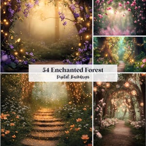 May include: A collection of digital backdrops featuring enchanted forest scenes. The images showcase pathways, trees, and floral elements, illuminated by soft lighting and glowing orbs. Text on the image reads "54 Enchanted Forest Digital Backdrops."