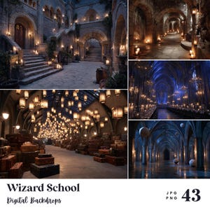 Pode incluir: Uma colagem de imagens que retratam um cenário de escola de bruxos. As cenas incluem escadarias de pedra, corredores arqueados e um grande salão de jantar, todos iluminados pela luz quente das velas. O texto "Wizard School Digital Backdrops" está na parte inferior.