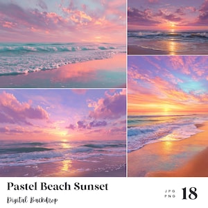 May include: A digital backdrop featuring a pastel beach sunset. The image showcases a vibrant sky with pink, purple, and orange hues, reflecting on the ocean and wet sand. The text "Pastel Beach Sunset" and "Digital Backdrop" are visible.