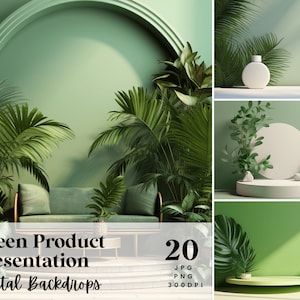 Könnte beinhalten: Ein Set mit 20 digitalen Hintergründen mit grünem Laub und grünem Hintergrund. Die Hintergründe eignen sich perfekt für Produktfotografie und sind in den Formaten JPG und PNG mit 300 DPI verfügbar.