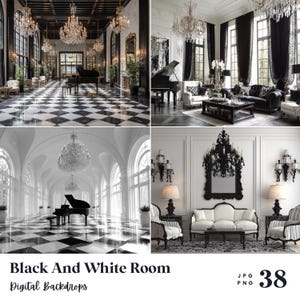 May include: A collage of four images showcasing black and white rooms. The rooms feature grand pianos, chandeliers, and checkered floors. The text "Black And White Room" and "Digital Backdrops" is displayed at the bottom.