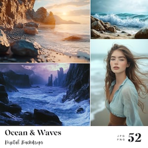 52 Ocean & Waves Backdrops, Perfect for Wedding, Birthday, Special Day, Maternity, Background, Overlay, (JPG, PNG Format)
