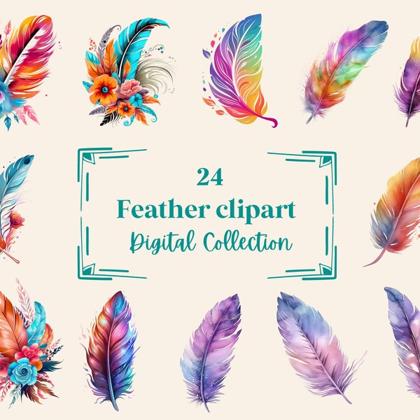 24 plumes Clipart & Illustrations, dans des styles Boho et aquarelle colorés, téléchargement immédiat (PNG, WEBP), à usage commercial
