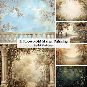 May include: A collection of 31 digital backdrops featuring Rococo Old Master painting styles. The images display various scenes including a blue sky with a stone balustrade, lush forest landscapes, classical stone columns, and floral garden settings.