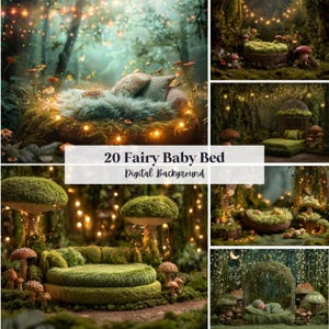 May include: A collection of 20 digital backgrounds featuring fairy baby beds. The images showcase various moss-covered beds with pillows, surrounded by mushrooms and glowing lights in a forest setting. Text on the image reads "20 Fairy Baby Bed Digital Background."