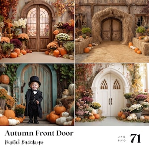 May include: A collage of four autumn-themed digital backdrops. The images feature various front doors decorated with pumpkins, flowers, and fall foliage. One image includes a child in a black suit and top hat. Text reads "Autumn Front Door Digital Backdrops".