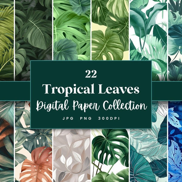 Papier numérique de 22 feuilles tropicales, feuilles tropicales Textures arrière-plans et motifs, téléchargement immédiat (JPG, PNG), à usage commercial