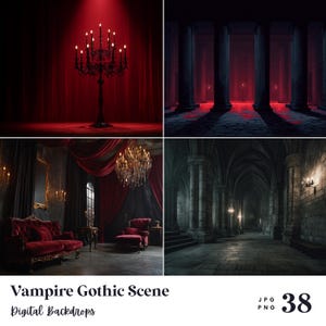 May include: A collage of four digital backdrops with a vampire gothic theme. The images feature a black candelabra, a dark hallway with pillars, a gothic room with red velvet furniture, and a stone hallway with arches. The text "Vampire Gothic Scene" is at the bottom.