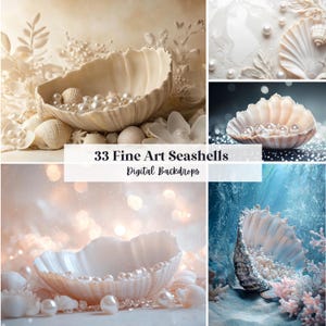 Könnte beinhalten: Digitale Hintergründe mit Muscheln und Perlen. Die Bilder zeigen verzierte Muscheln, gefüllt mit Perlen, vor weichen Hintergründen. Der Text lautet "33 Fine Art Seashells Digital Backdrops". Das Thema ist maritim und dekorativ.