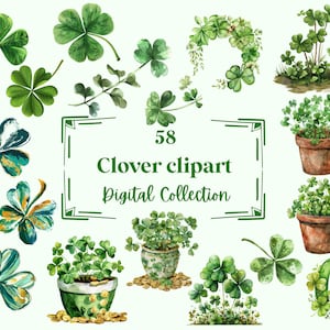 58 ilustraciones de imágenes prediseñadas de trébol, perfectas para álbumes de recortes, diarios, planificadores, manualidades, descarga instantánea (PNG, WEBP), uso comercial