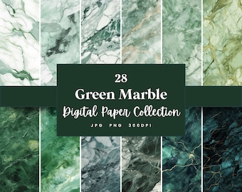 Op de afbeelding: Een digitale papiercollectie met 28 groene marmertexturen. De marmerpatronen zijn in tinten groen, wit en goud. De tekst "28 Green Marble Digital Paper Collection JPG PNG 300DPI" wordt weergegeven op een donkergroene achtergrond.