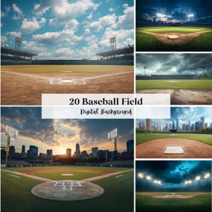 May include: A collection of digital backgrounds featuring baseball fields under various lighting conditions. The images showcase different times of day, including daytime, sunset, and nighttime scenes, with stadiums and city skylines in the background. Text reads "20 Baseball Field Digital Background."