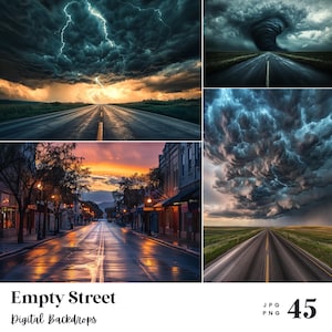 May include: A collage of digital backdrops featuring roads under dramatic skies. One image shows a lightning storm over a highway, another a tornado, and a third a street at sunset. The text "EMPTY STREET Digital Backdrops" is at the bottom.