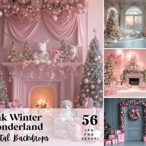 May include: Pink winter wonderland digital backdrop with a pink fireplace, a Christmas tree, and a white teddy bear. The backdrop is perfect for creating festive photos.