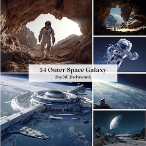 Puede incluir: Imagen de fondo digital con múltiples escenas espaciales. Un astronauta camina por una cueva y otro flota en el espacio. Otras escenas incluyen una estación espacial, un planeta y una luna. El texto dice "54 Outer Space Galaxy Digital Background."