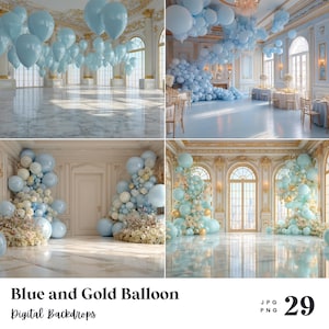 29 枚の青と金のバルーン背景。結婚式、誕生日、特別な日、マタニティ、背景、オーバーレイに最適 (JPG、PNG 形式)