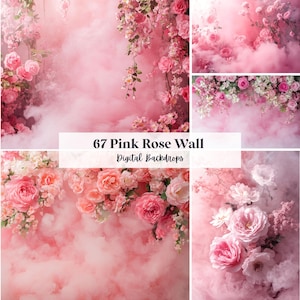 May include: A digital backdrop featuring a pink rose wall with a soft, dreamy aesthetic. The image showcases various arrangements of pink roses, with a misty, cloud-like background. Text reads "67 Pink Rose Wall Digital Backdrops."