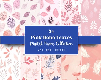 34 Pink Boho Leaves Seamless Digital Paper, Perfect for Textures Backgrounds & Patterns, Instant Download (JPG, PNG), With Commercial Use