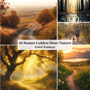 May include: A collage of digital backdrops featuring golden hour and sunset nature scenes. Images include a winding road through a field, a forest with sunlight, a family walking on a path, and a path leading to a lake.