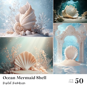 50 Ocean Mermaid Shell Digital Backdrops, Perfect for Wedding, Birthday, Special Day, Maternity, Background, Overlay, (JPG, PNG Format)