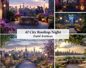 May include: A collection of digital backdrops featuring city rooftop scenes at night. The images showcase various rooftop settings with city skylines, flowers, benches, tables, and string lights. Text on the image reads "47 City Rooftop Night Digital Backdrops."