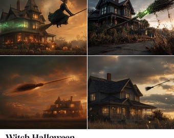 May include: A digital backdrop featuring four Halloween-themed scenes. The images depict a witch flying on a broom, a spooky house, and a sunset sky. The text "Witch Halloween Digital Backdrop" is at the bottom.