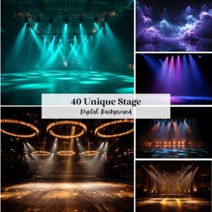 May include: A collage of stage backgrounds with various lighting effects. The images showcase different stage setups with vibrant colors, including teal, purple, and orange. Text in the center reads "40 Unique Stage Digital Background."