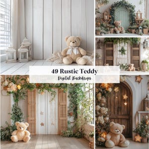 Może przedstawiać: Kolekcja rustykalnych cyfrowych teł z misiami. Obraz przedstawia beżowego misia z białą kokardą na tle białego drewnianego tła. Wyświetlany jest tekst "49 Rustic Teddy Digital Backdrops".