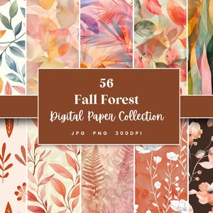 Peut inclure: Une collection de 56 papiers numériques avec des motifs d'aquarelle de feuilles et de fleurs dans des couleurs automnales. Les papiers sont en 300 DPI et sont disponibles aux formats JPG et PNG. 56 Fall Forest Digital Paper Collection JPG PNG 300DPI